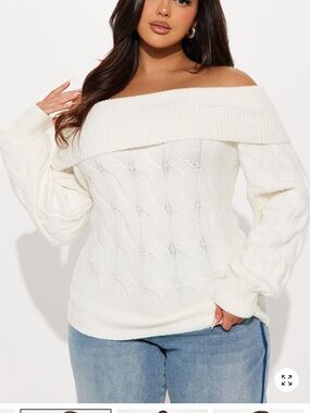 Off-Shoulder Cable Knit Sweater - White